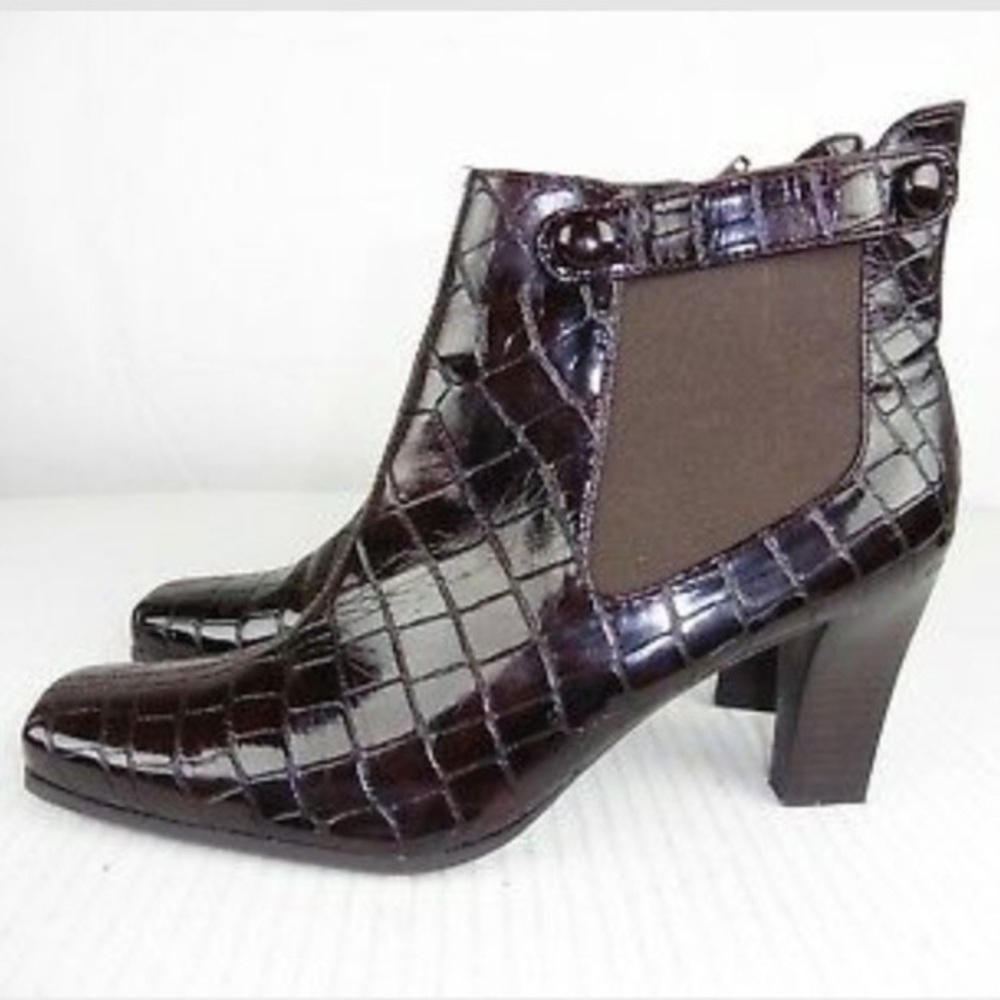 Franco Sarto Brown Patent Moc Croc Ankle Boots